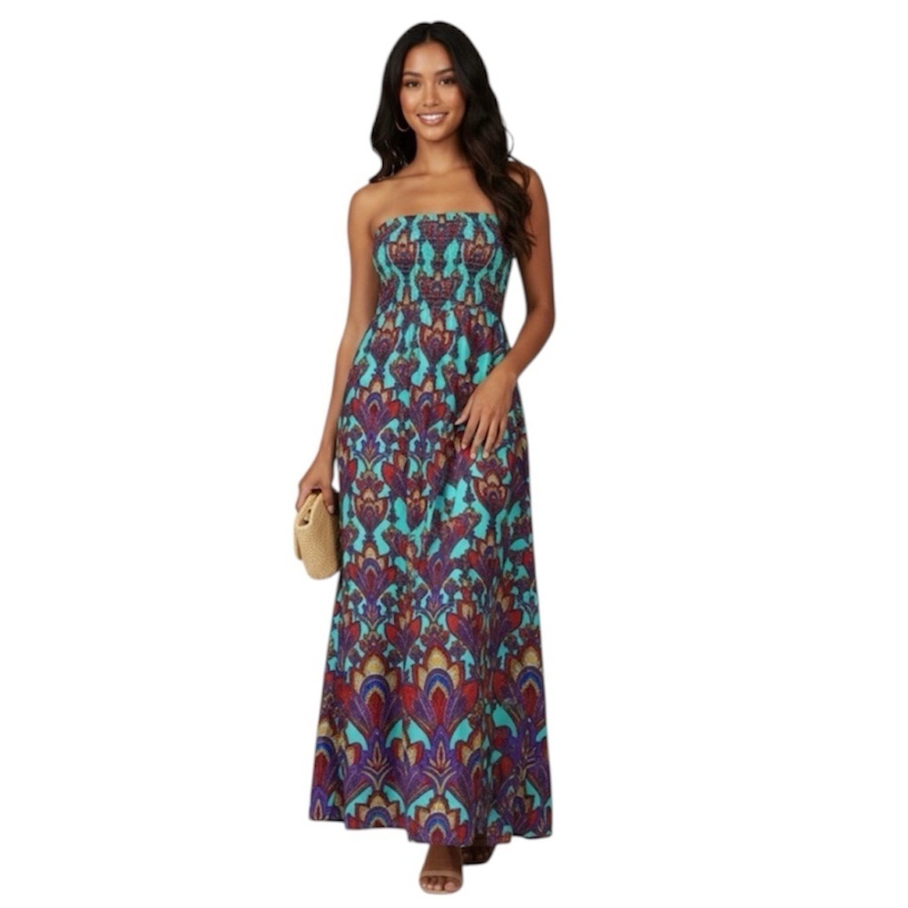 Nicole Miller Boho Smocked Strapless Maxi Dress Teal Orange Paisley Size 6